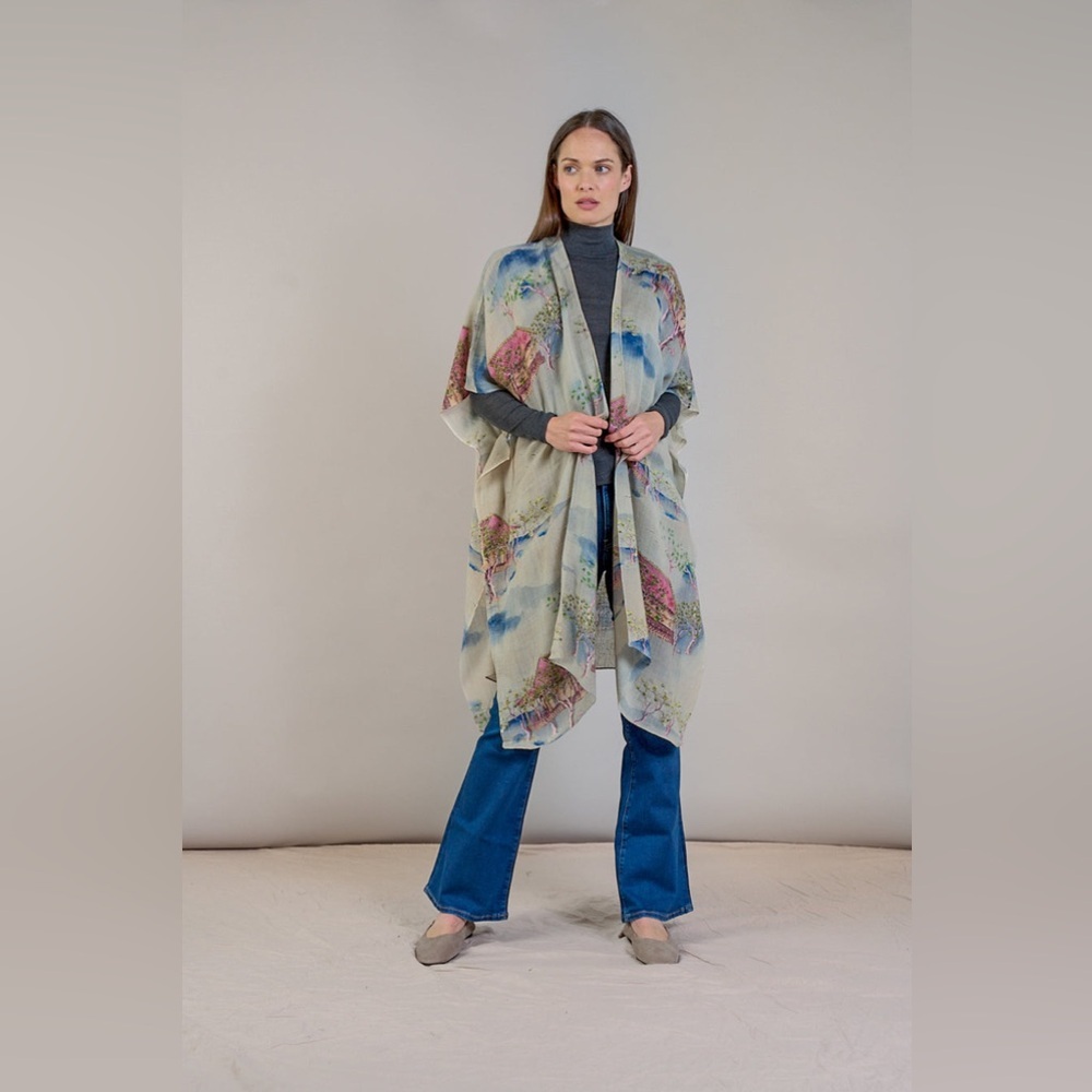 One Hundred Stars Oriental Landscape Grey Wool Throwover Poncho Shawl One Size — image 2 of 8
